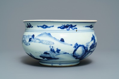 A Chinese blue and white censer with figures in a landscape, Kangxi