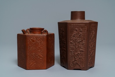 A Chinese relief-decorated Yixing stoneware caddy and a teapot, Kangxi
