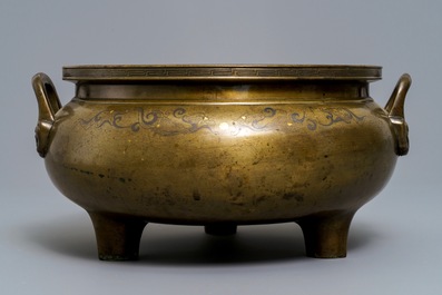 A large silver and brass-inlaid bronze incense burner, China or Vietnam, 19th C.