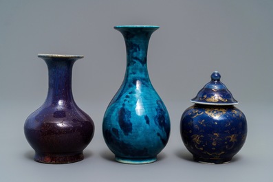 Three Chinese monochrome and flamb&eacute;-glazed vases, Kangxi and 19th C.