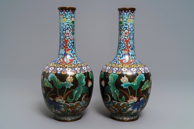 A pair of Chinese cloisonn&eacute; bottle vases, 19th C.