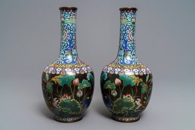 A pair of Chinese cloisonn&eacute; bottle vases, 19th C.