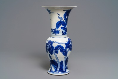 A Chinese blue and white 'deer and crane' yenyen vase, Kangxi