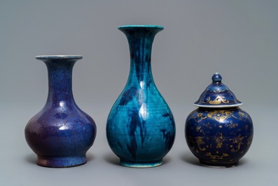 Three Chinese monochrome and flamb&eacute;-glazed vases, Kangxi and 19th C.