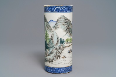 A cylindrical Chinese qianjiang cai hat stand, signed Wang Youtang, 20th C.