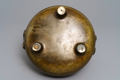 A large silver and brass-inlaid bronze incense burner, China or Vietnam, 19th C.