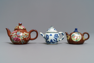 Three miniature Chinese Yixing and blue and white teapots, Kangxi and later