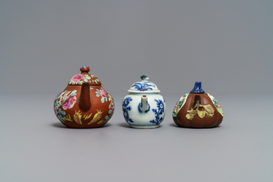 Three miniature Chinese Yixing and blue and white teapots, Kangxi and later
