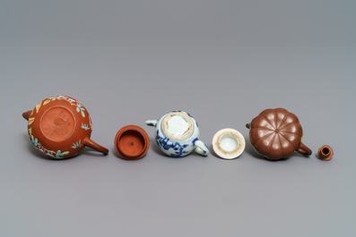 Three miniature Chinese Yixing and blue and white teapots, Kangxi and later