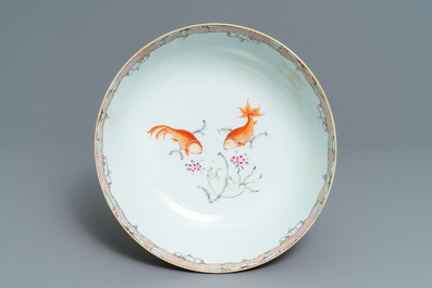 A large Chinese famille rose 'lotus' bowl with mandarin design, Qianlong