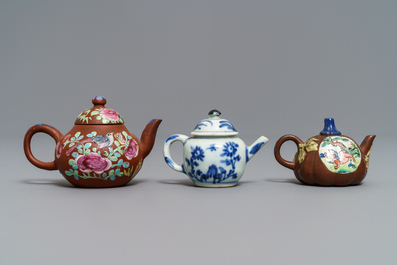 Three miniature Chinese Yixing and blue and white teapots, Kangxi and later