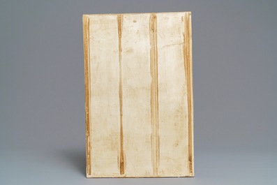 A Chinese gilt-engraved plaque with figures in a landscape, 20th C.