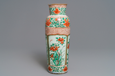 A tall Chinese wucai rouleau vase, Transitional period or Kangxi