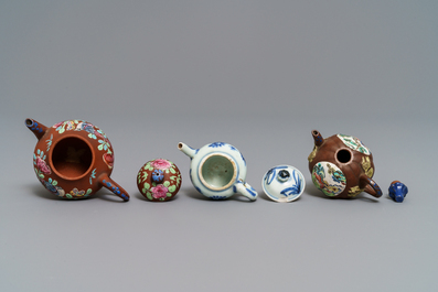 Three miniature Chinese Yixing and blue and white teapots, Kangxi and later