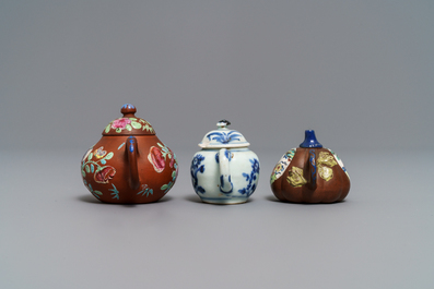 Three miniature Chinese Yixing and blue and white teapots, Kangxi and later