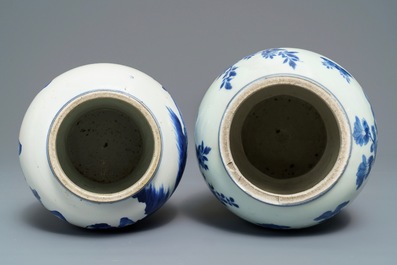 Two Chinese blue and white vases with landscapes and birds among flowers, Kangxi
