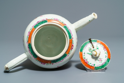 Two Chinese famille rose teapots and covers and two sets of cups and saucers, Qianlong
