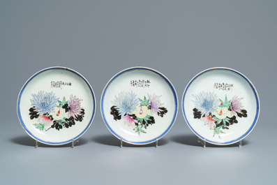 Seven Chinese famille rose and doucai plates, two covered bowls and a 'Wu Shuang Pu' teapot, 19/20th C.