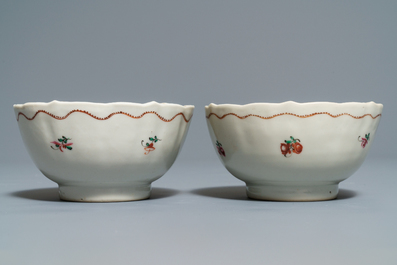Two Chinese famille rose teapots and covers and two sets of cups and saucers, Qianlong
