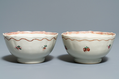 Two Chinese famille rose teapots and covers and two sets of cups and saucers, Qianlong