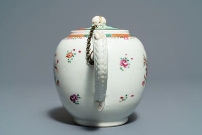 Two Chinese famille rose teapots and covers and two sets of cups and saucers, Qianlong