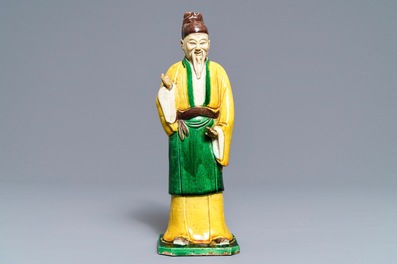 A Chinese verte biscuit figure of a sage, Kangxi
