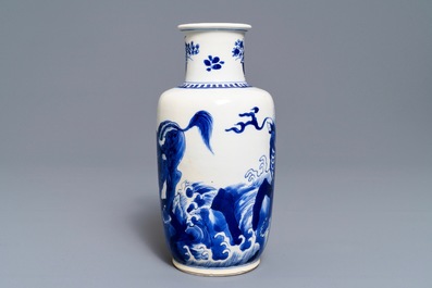 A Chinese blue and white rouleau vase with qilins, Kangxi