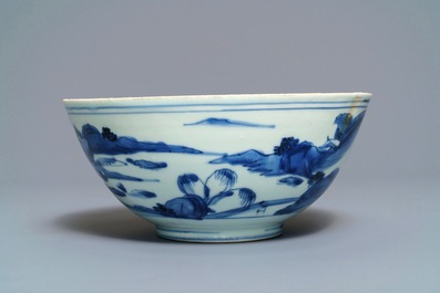 A Chinese blue and white bowl with figures on bulls, Chenghua mark, Transitional period