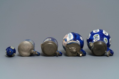 Four pewter-mounted Brussels faience jugs and a shaker, 18/19th C.