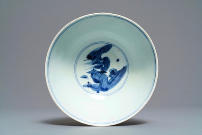 A Chinese blue and white bowl with figures on bulls, Chenghua mark, Transitional period