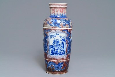 A rare Chinese blue, white and underglaze red rouleau vase, Kangxi