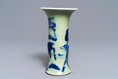 A Chinese blue, white and underglaze red celadon-ground gu vase, Kangxi
