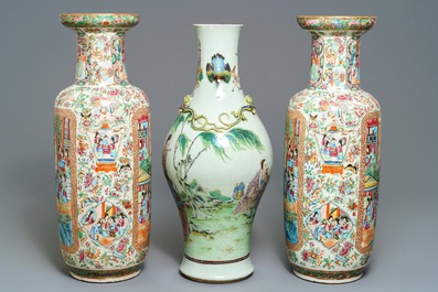 Drie Chinese Canton famille rose vazen, 19e eeuw