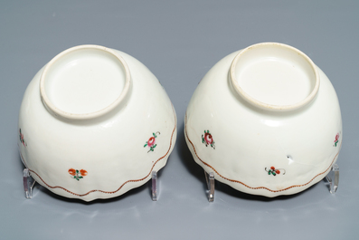 Two Chinese famille rose teapots and covers and two sets of cups and saucers, Qianlong