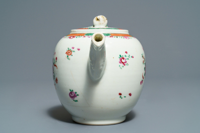 Two Chinese famille rose teapots and covers and two sets of cups and saucers, Qianlong