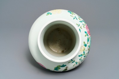 A Chinese famille rose vase with a bird on a flowering branch, 19th C.