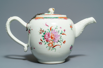 Two Chinese famille rose teapots and covers and two sets of cups and saucers, Qianlong