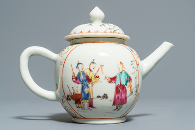 Two Chinese famille rose teapots and covers and two sets of cups and saucers, Qianlong