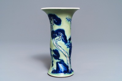 A Chinese blue, white and underglaze red celadon-ground gu vase, Kangxi