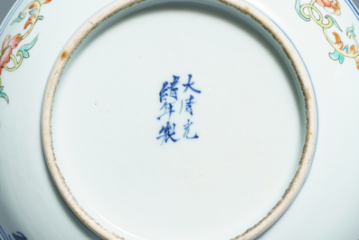 Seven Chinese famille rose and doucai plates, two covered bowls and a 'Wu Shuang Pu' teapot, 19/20th C.