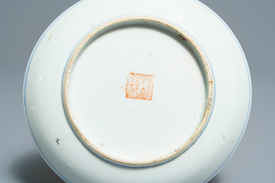 Seven Chinese famille rose and doucai plates, two covered bowls and a 'Wu Shuang Pu' teapot, 19/20th C.