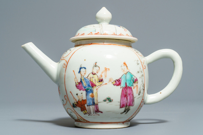 Two Chinese famille rose teapots and covers and two sets of cups and saucers, Qianlong