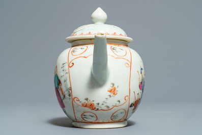 Two Chinese famille rose teapots and covers and two sets of cups and saucers, Qianlong