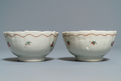 Two Chinese famille rose teapots and covers and two sets of cups and saucers, Qianlong