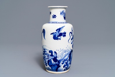 A Chinese blue and white rouleau vase with qilins, Kangxi