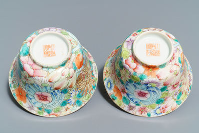 Five sets of Chinese famille rose cups and saucers and a pair of cups with horses, 19/20th C.