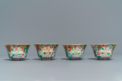 Five sets of Chinese famille rose cups and saucers and a pair of cups with horses, 19/20th C.