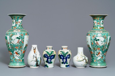 Six Chinese famille rose and verte vases, 19th C.