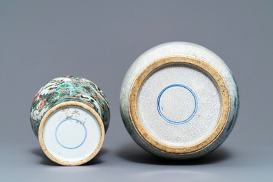 Four Chinese famille rose, verte and qianjiang cai vases, 19/20th C.