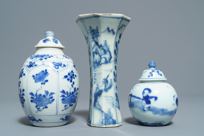 Five Chinese blue and white vases, Kangxi